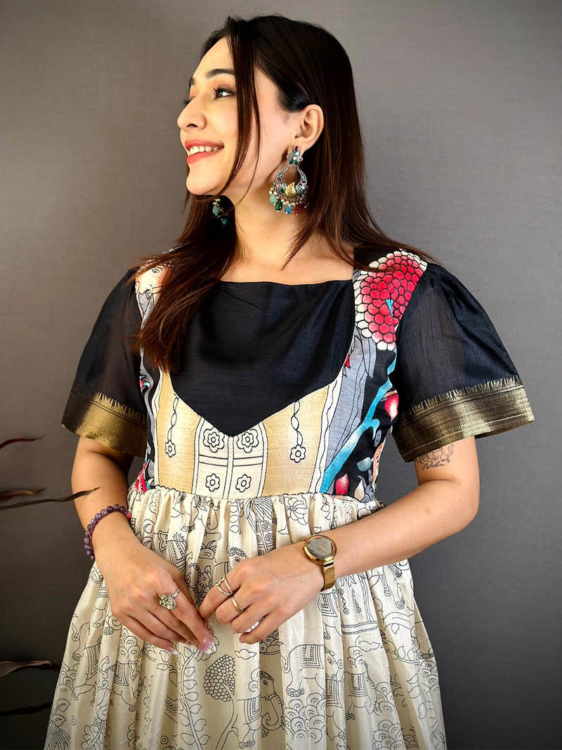 Cream Kota Doriya Print Dress with Black Yoke and Border Sleeves