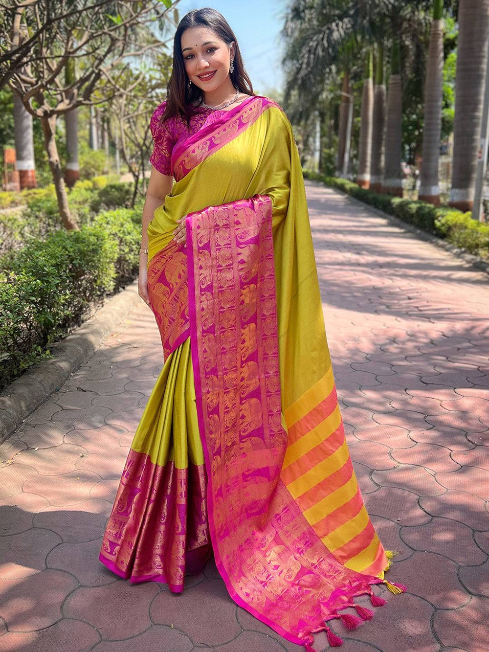 Full view of light green Kanjivaram saree with pink border