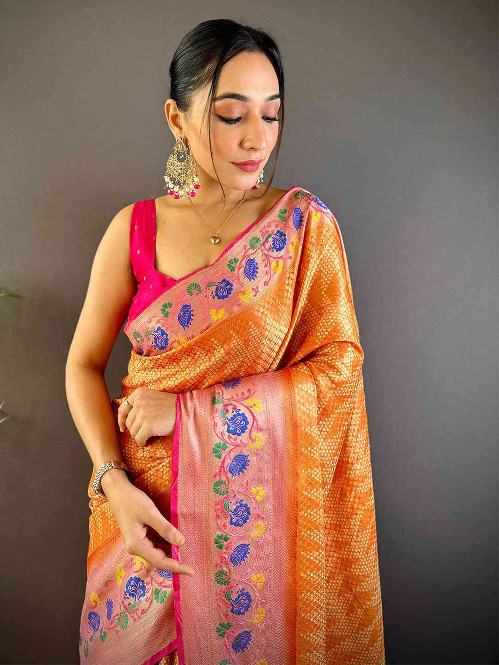 Kora Silk Banarasi Digital Print Saree In Orange Colour