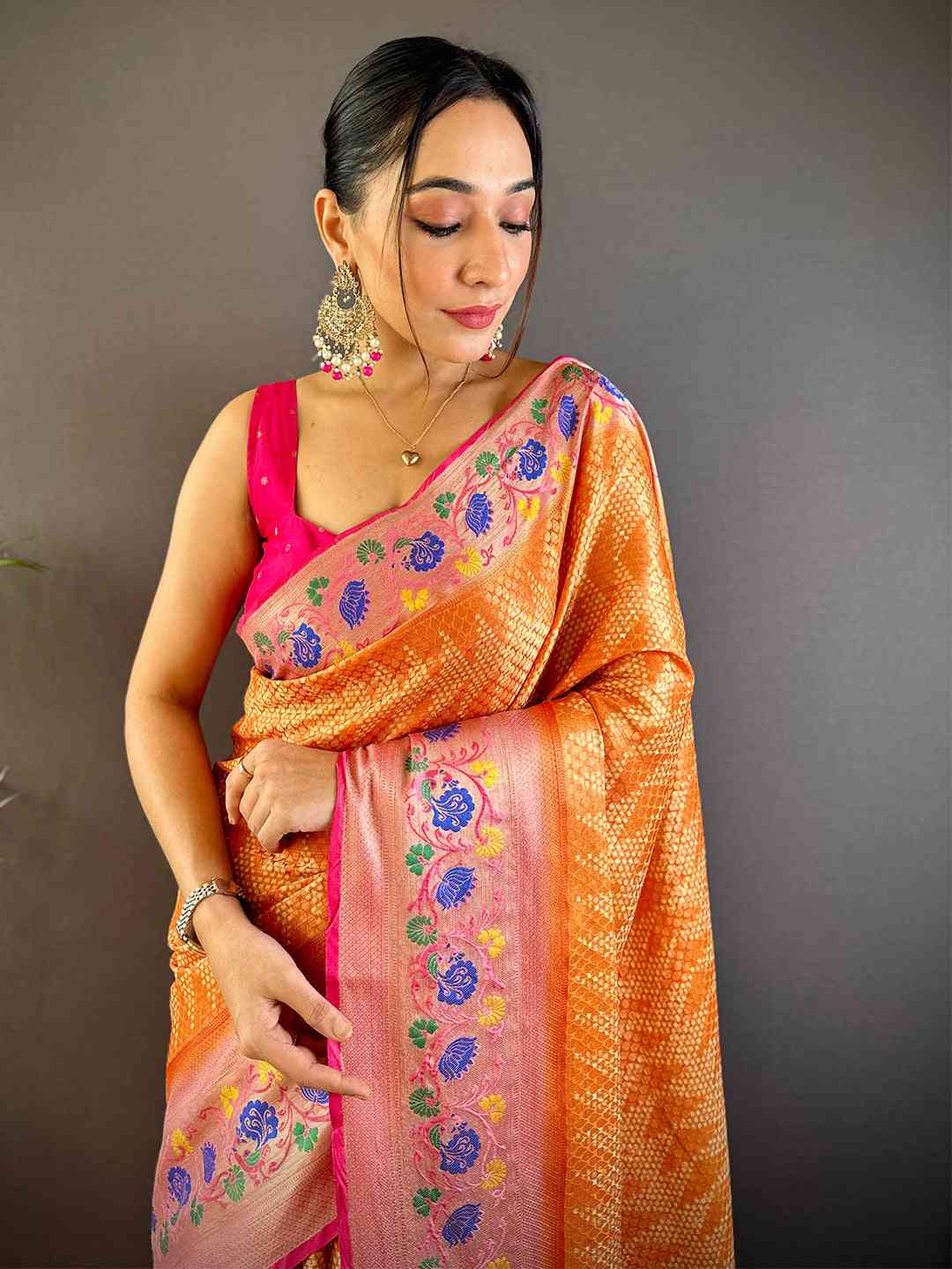Kora Silk Banarasi Digital Print Saree In Orange Colour