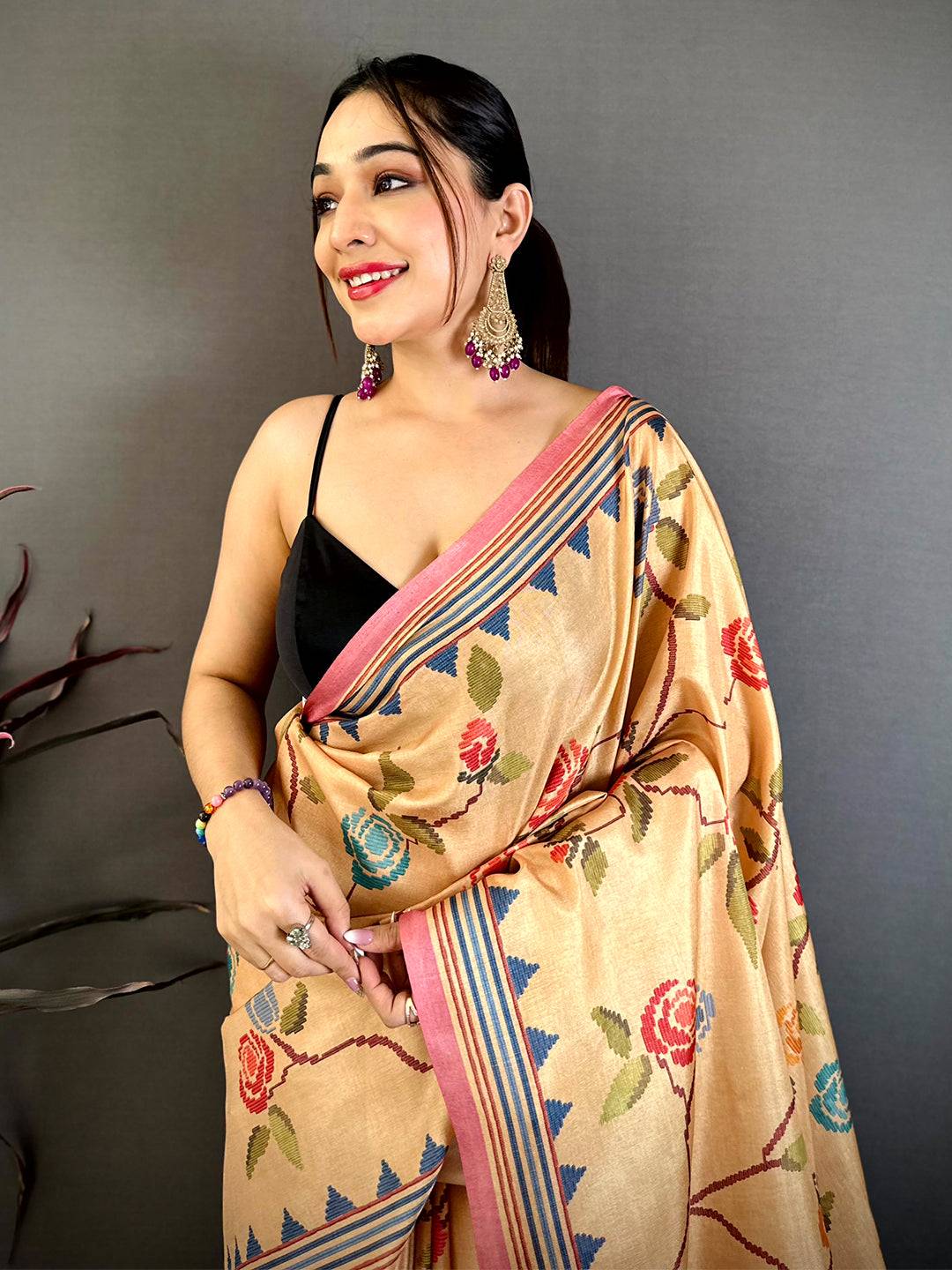 Royal 3D Embroidered Print Tussar Saree