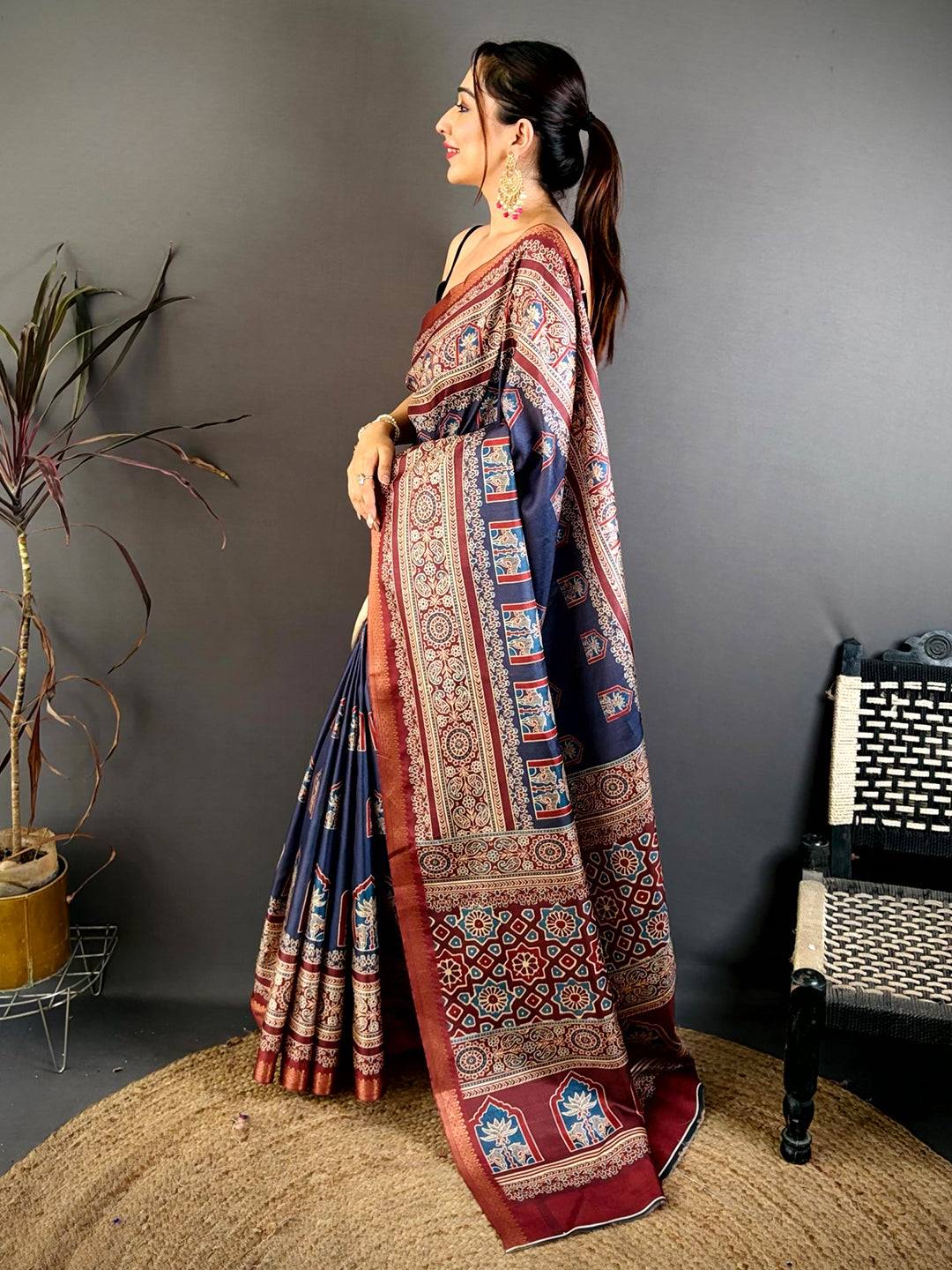 Vibrant Block Ajrakh Print Soft Tussar Saree

