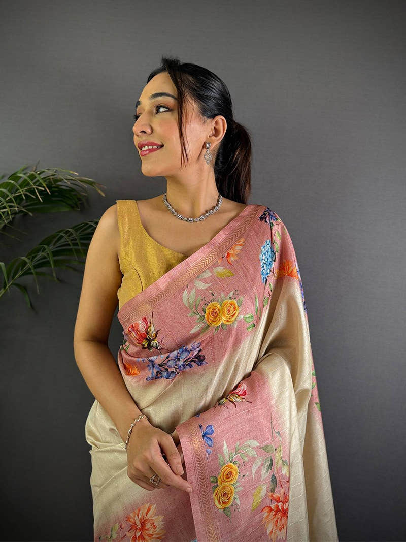 Off White Tussar Ghicha Silk Saree