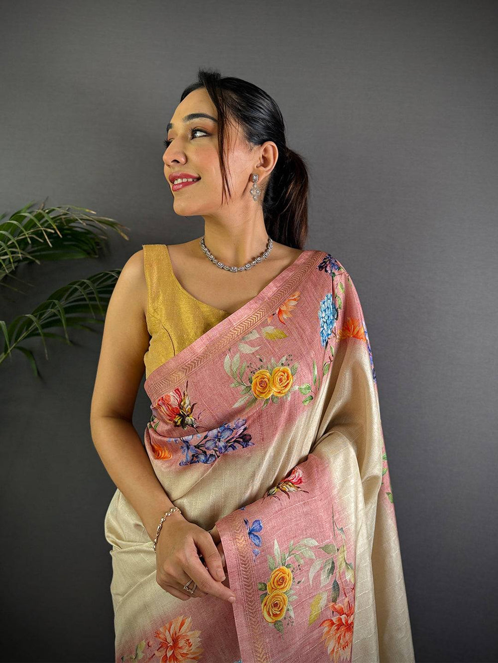 Off White Tussar Ghicha Silk Saree