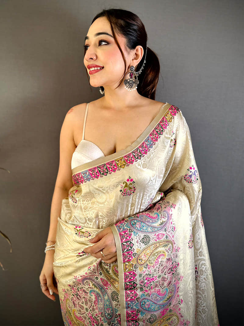 Elegant Kashmiri Jacquard Zari Weaving Saree