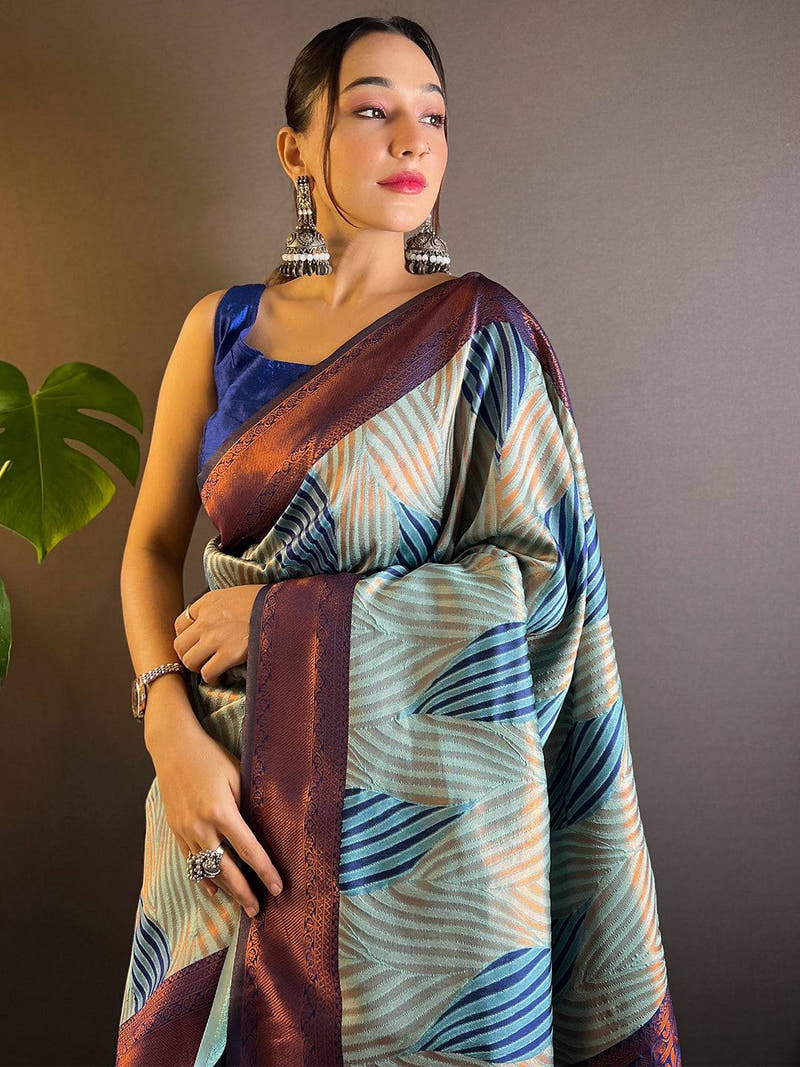 Sky Blue Tussar Silk Zari Weaving Ikkat Saree


