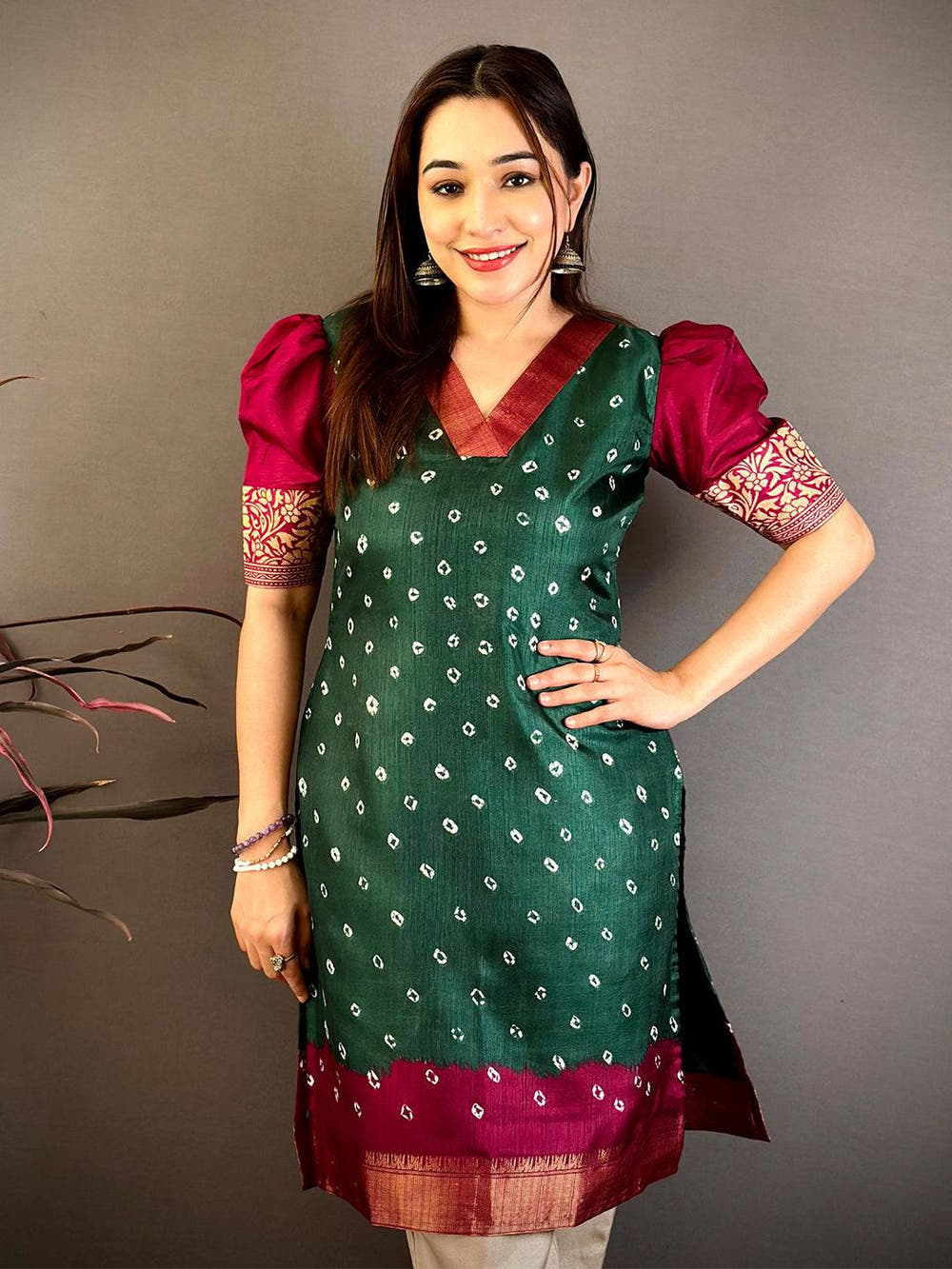 Green Soft Dola Silk V Neck Kurti