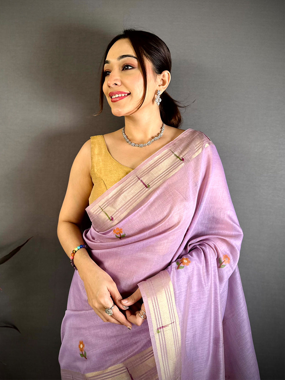 Lavender Sunflower Minakari Khadi Saree