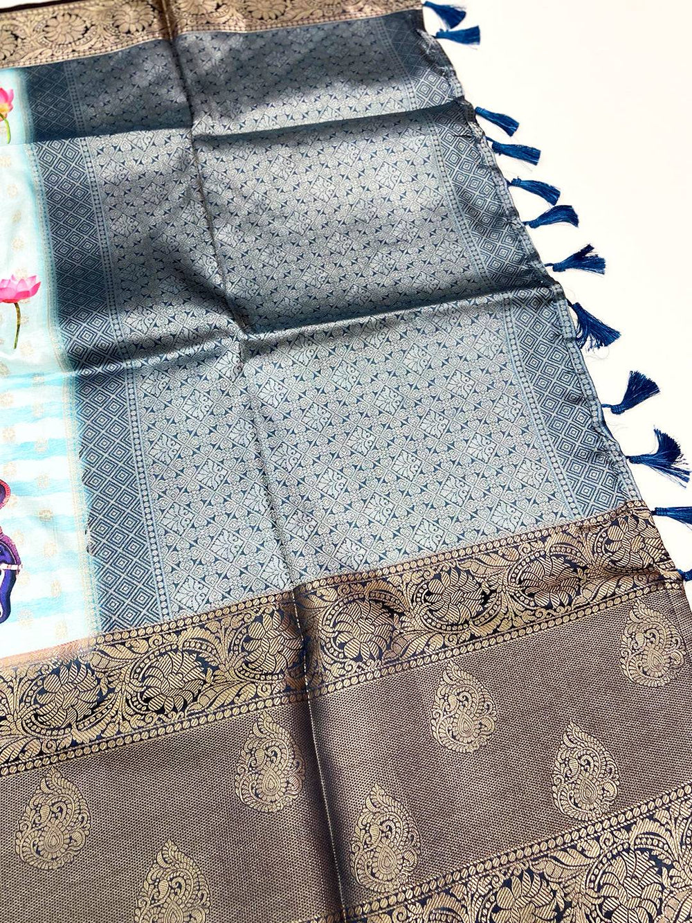 Sky Blue Digital Elephant Motifs Banarasi Saree