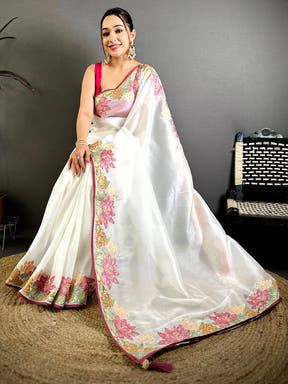 White Silky Tissue Resham Border Saree