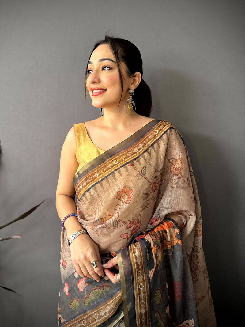 Majestic Pen Kalamkari Digital Linen Saree