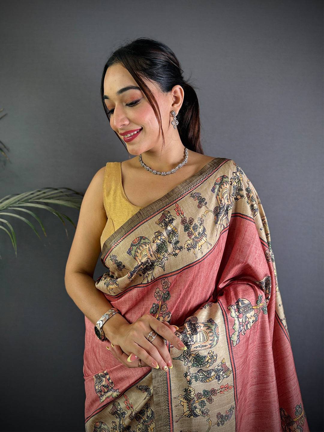 Dusty Pink Digital Kalamkari Printed Saree

