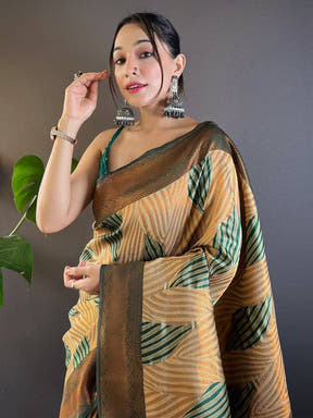 Brown Tussar Silk Zari Weaving Ikkat Saree


