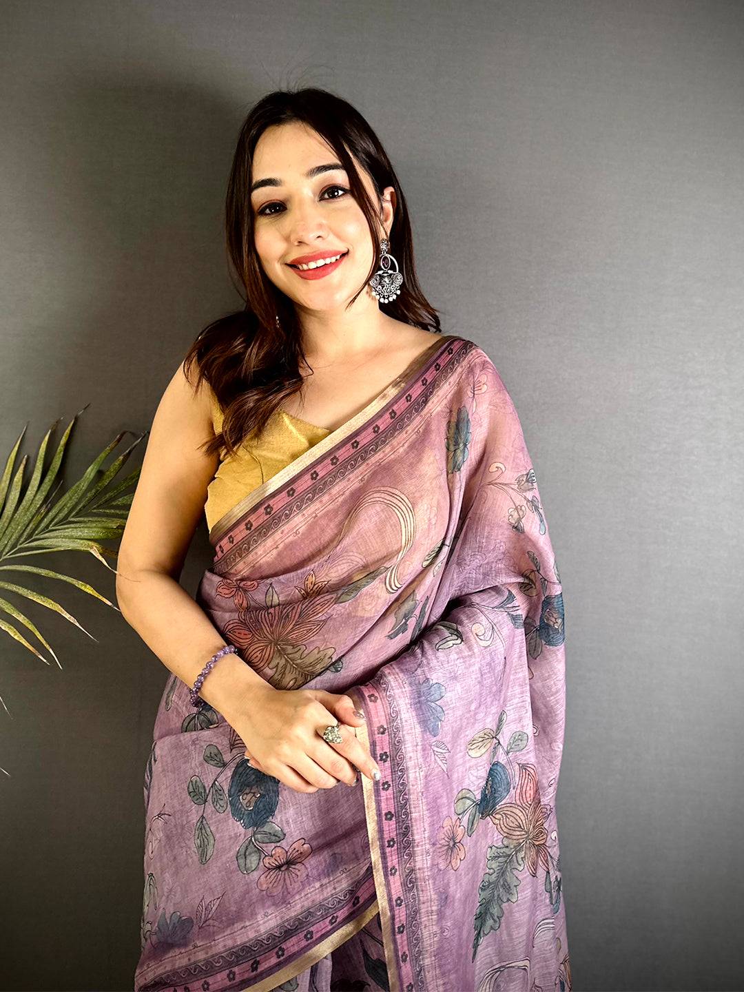Artistic Dark Floral Linen Saree