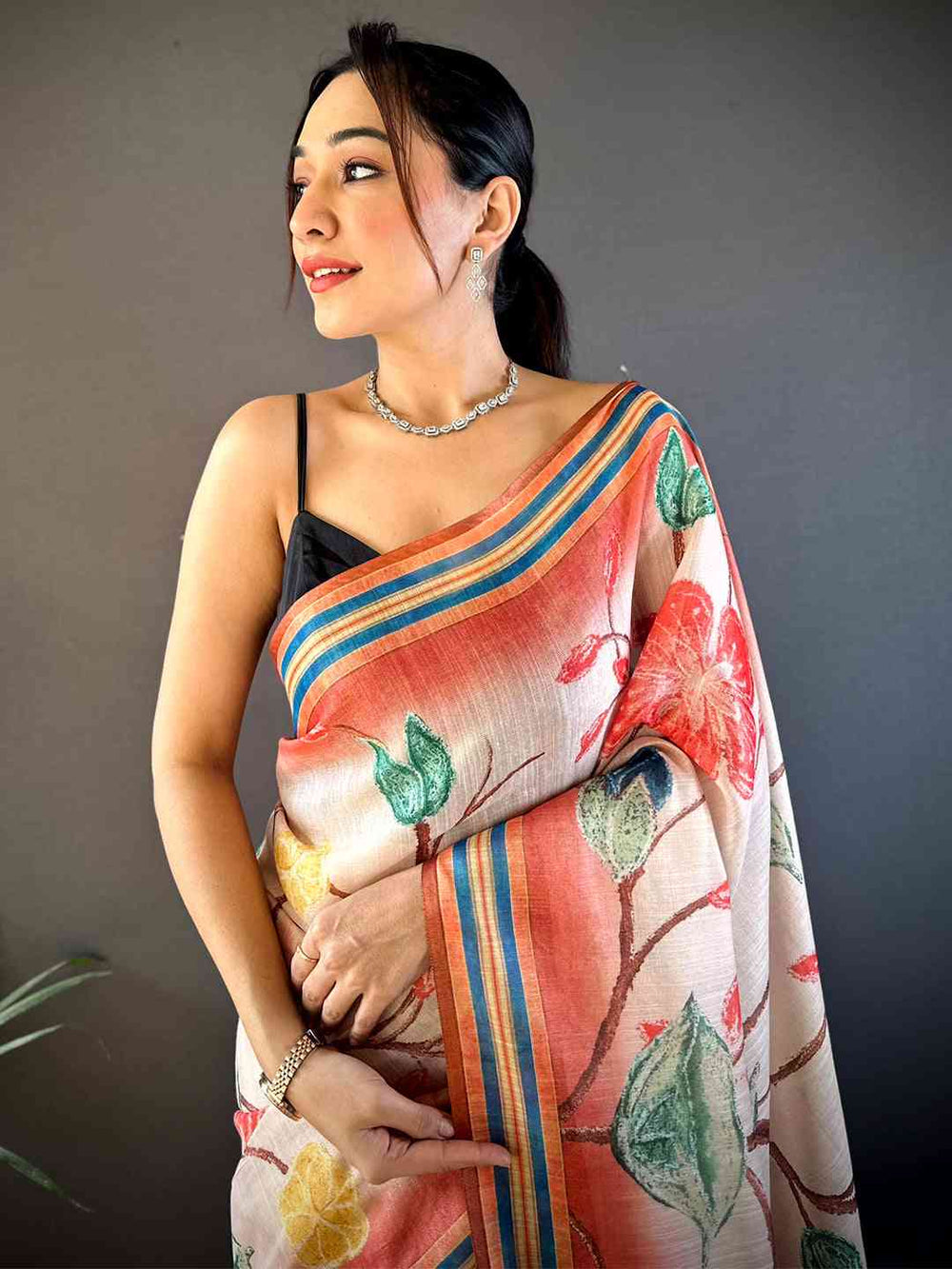 Floral Blush Pink Chanderi Saree