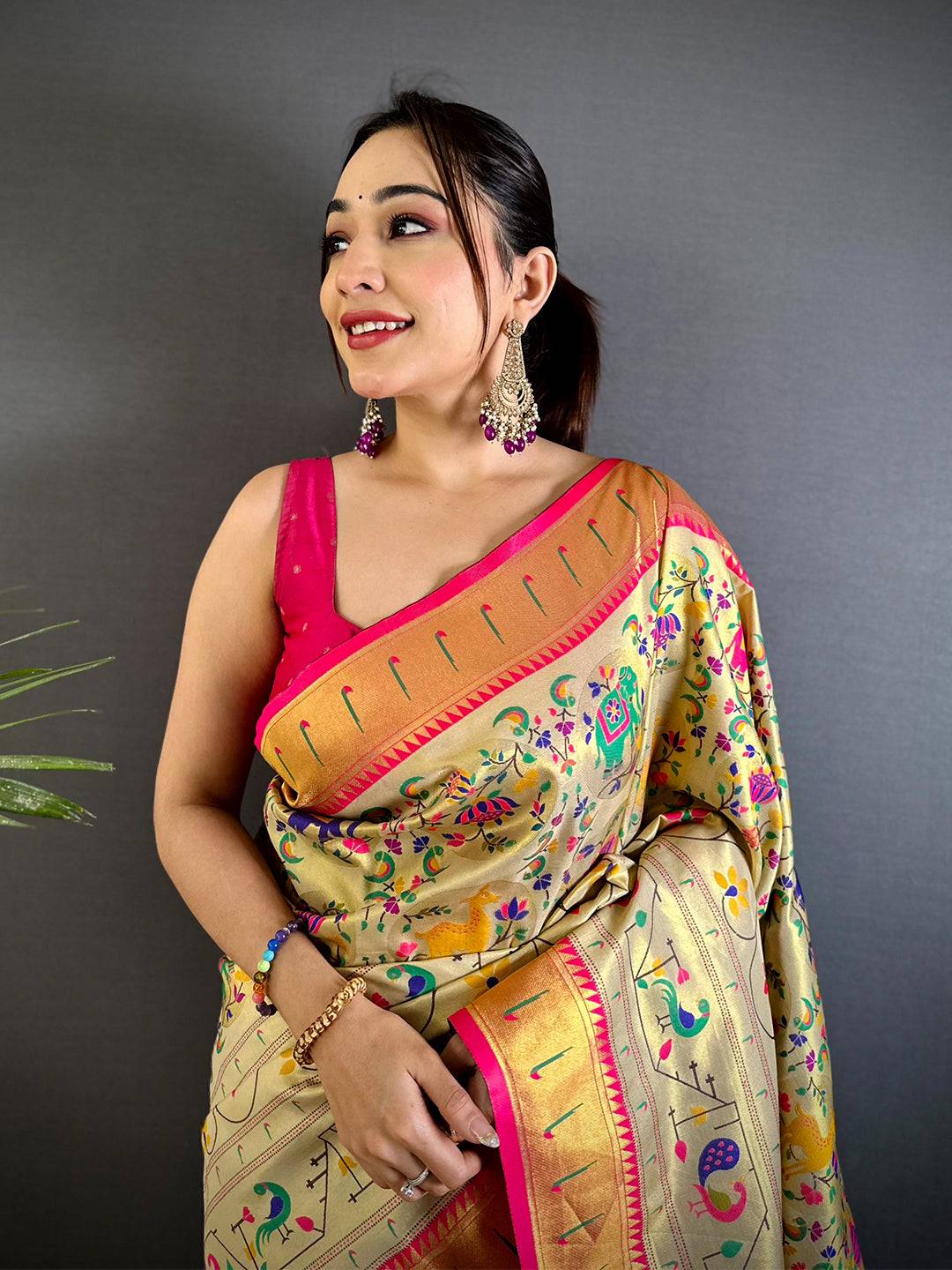 Cream Patola Motif Soft Silk Saree