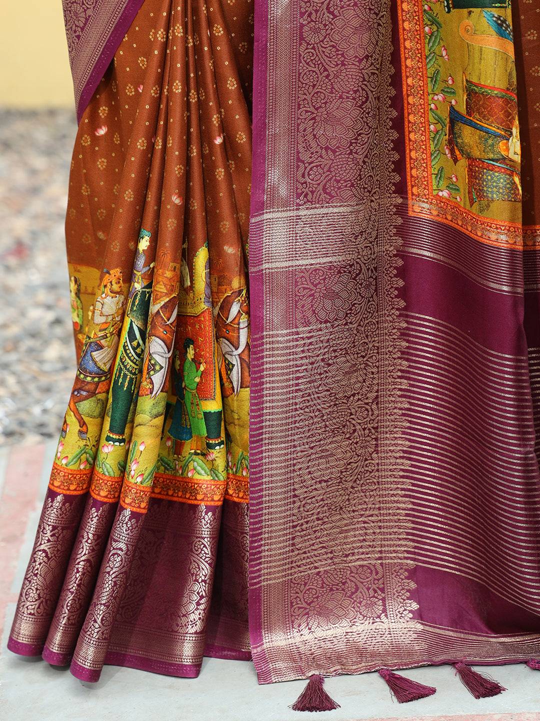 Brown Pure Viscose Dola Silk Saree with Bhandhej Print