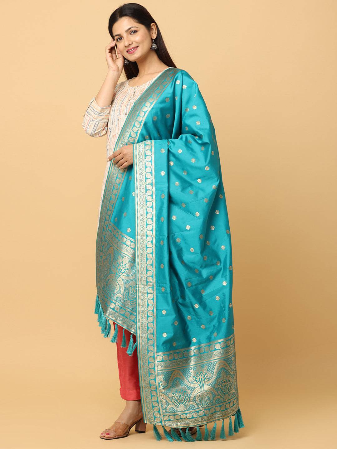 Turquoise dupatta with intricate woven design and tassels