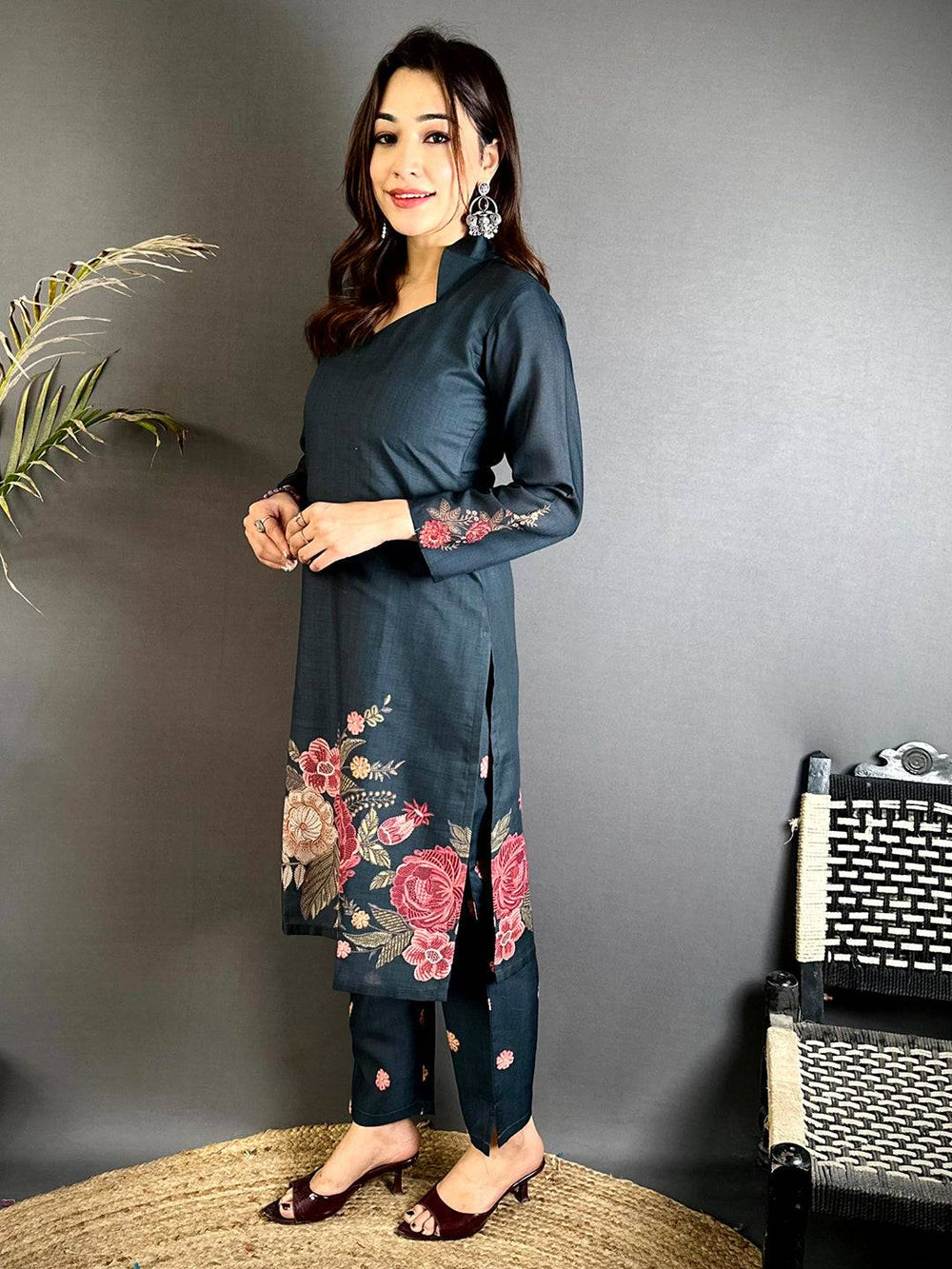 Diamond Neck Floral Mul Kurti