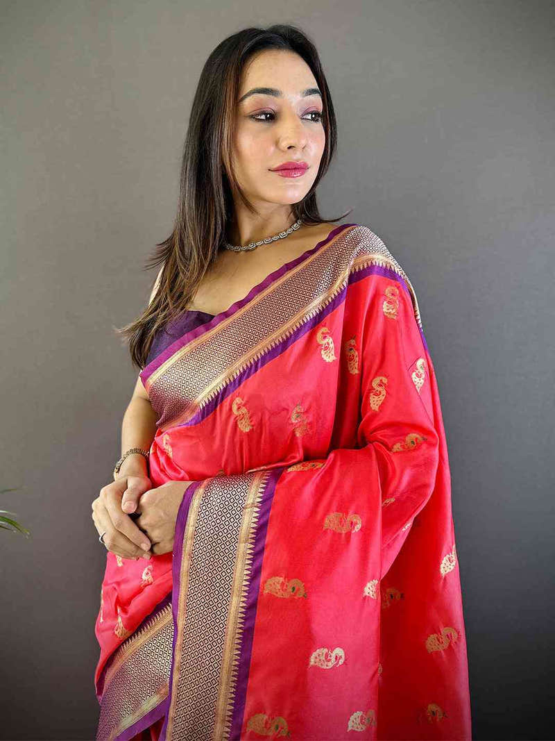 Traditional Gajri Colour Yevla Paithani Minakari Work Silk Saree
