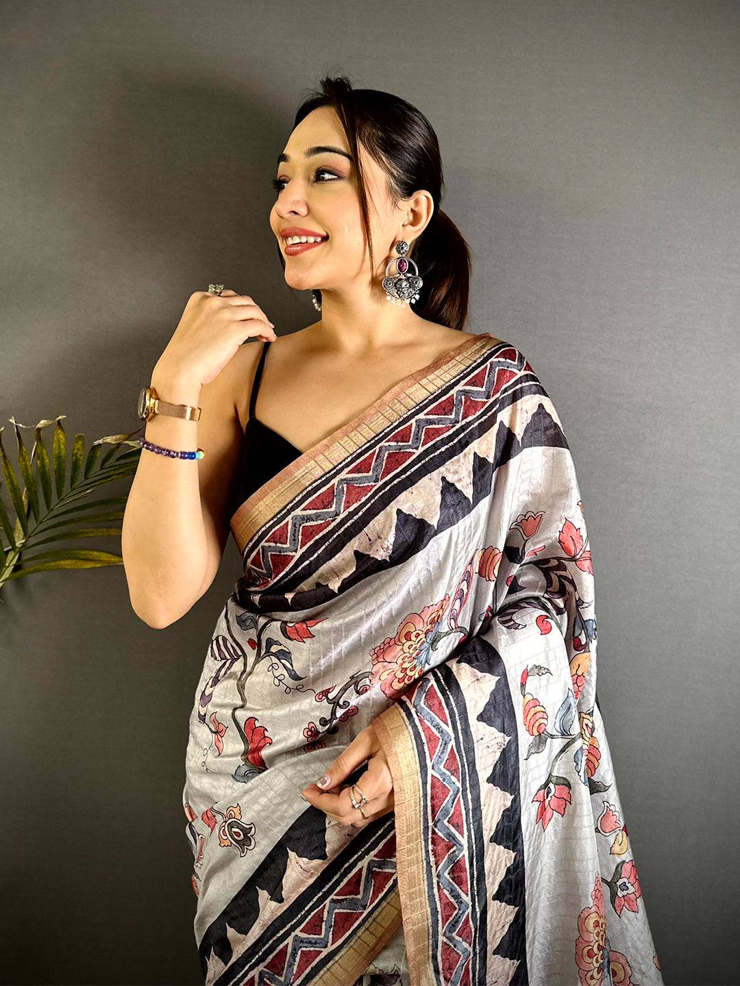 Regal Ajrakh Kalamkari Tussar Saree