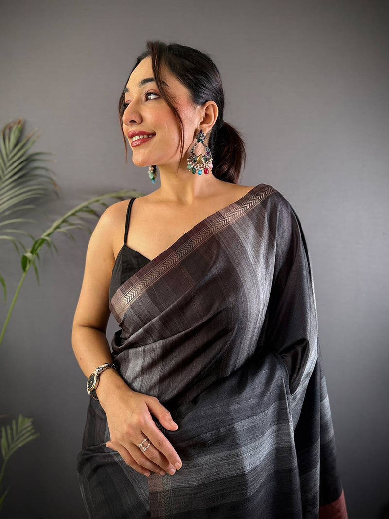 Black Striped Tussar Ghicha Silk Saree

