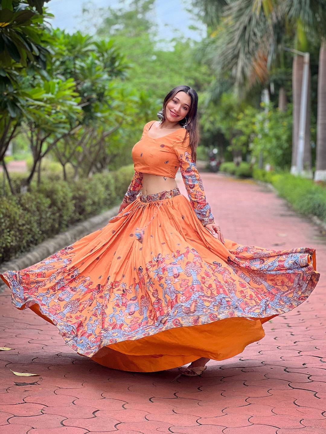 Merigold Yellow Kalamkari Lehenga with intricate designs