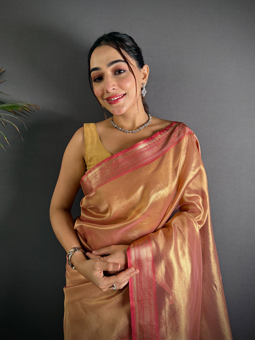 Radiant Pink Gold Zari Tissue Saree