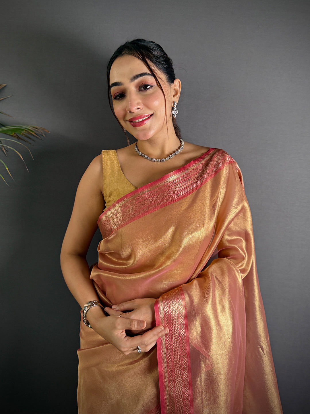 Radiant Pink Gold Zari Tissue Saree