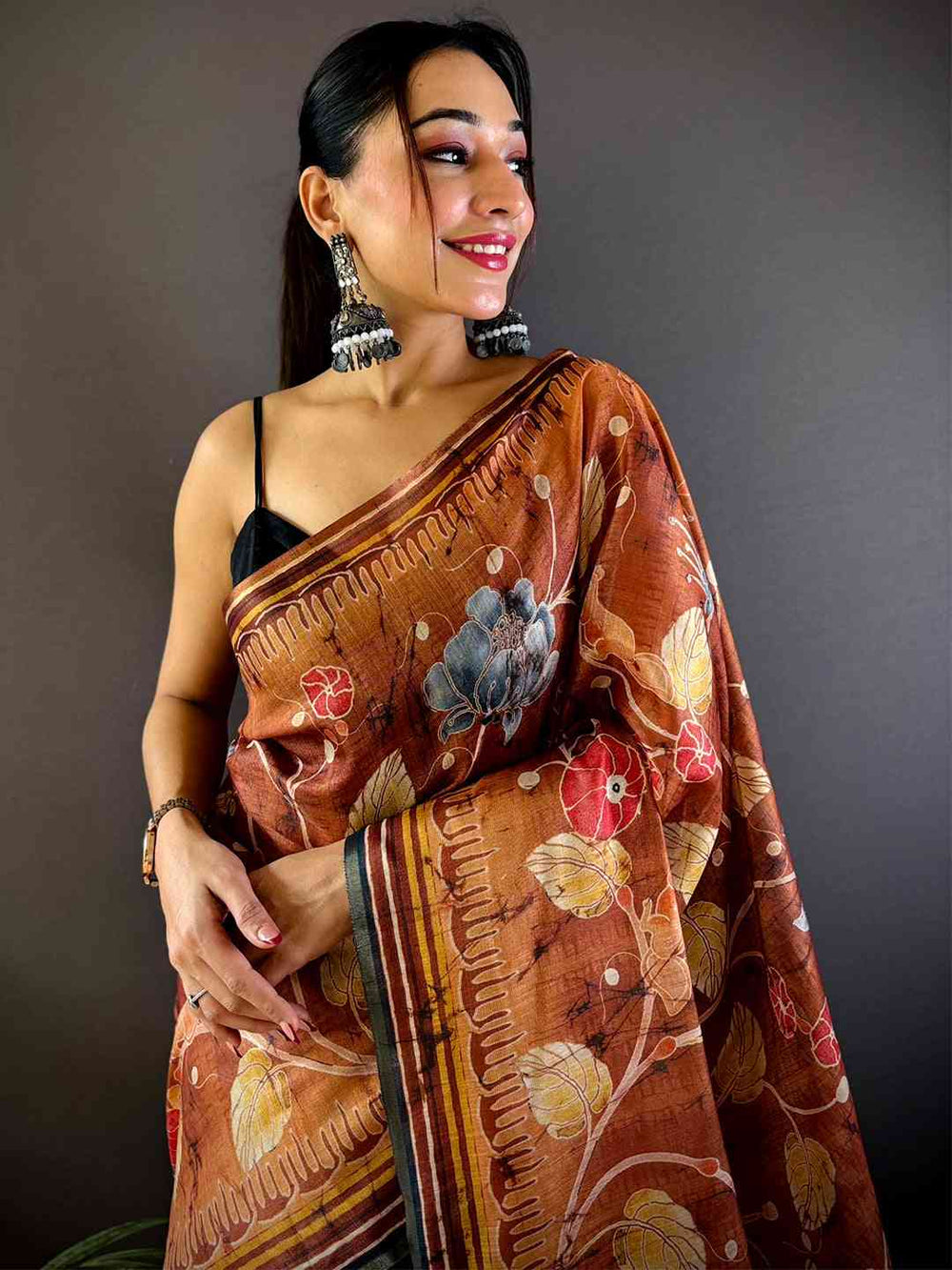 Copper Brown Tissue Chanderi Kalamkari Saree