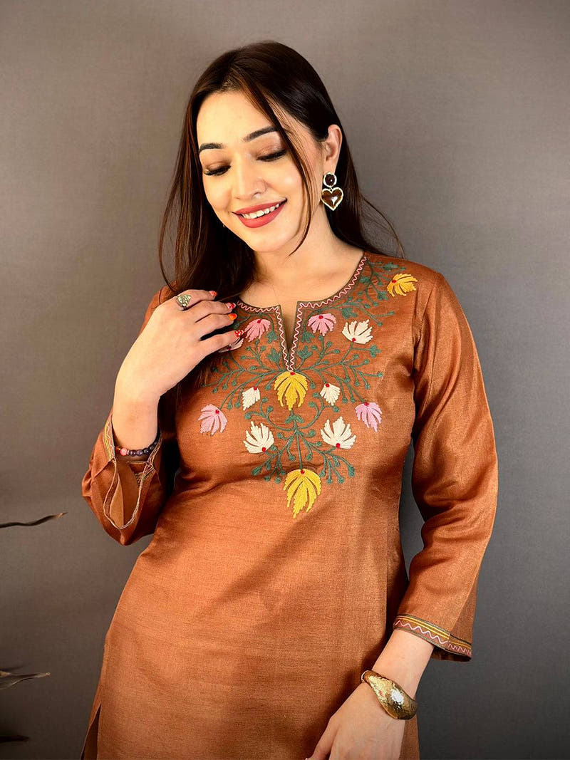 Brown Ari Work Cotton Zari Kurti