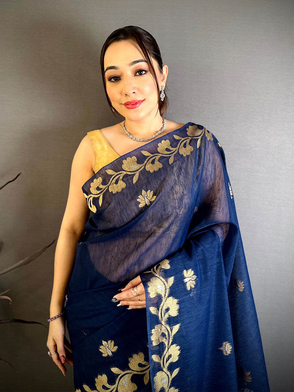 Navy Peacock Zari Munga Saree