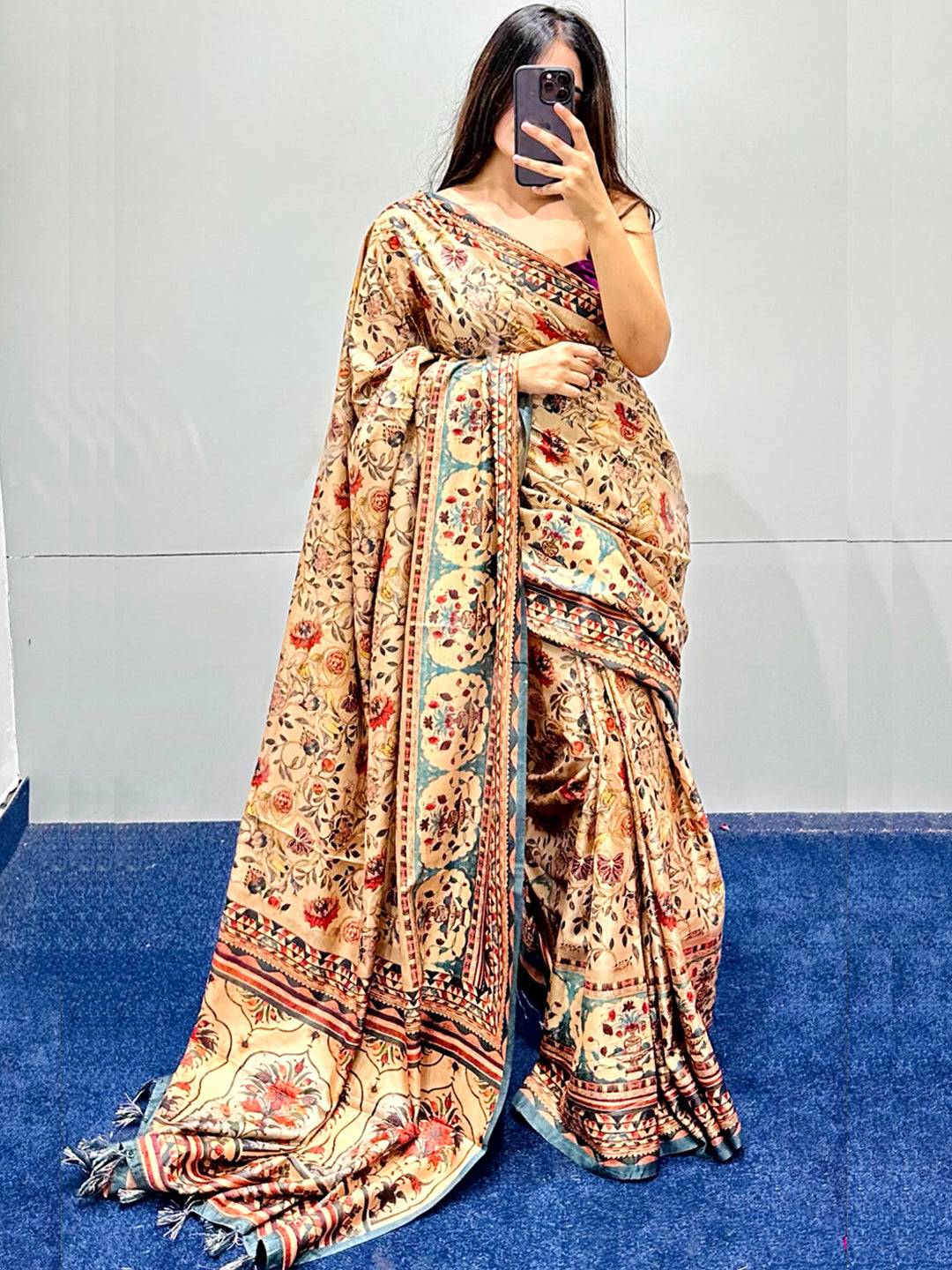 Chiku Tussar Silk Flower Pashmina Print Saree with rich pallu