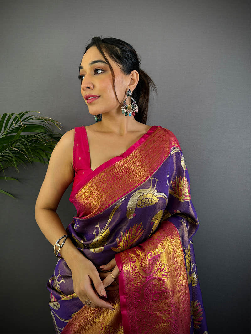Purple Dharmavaram Gold Birds Print Saree