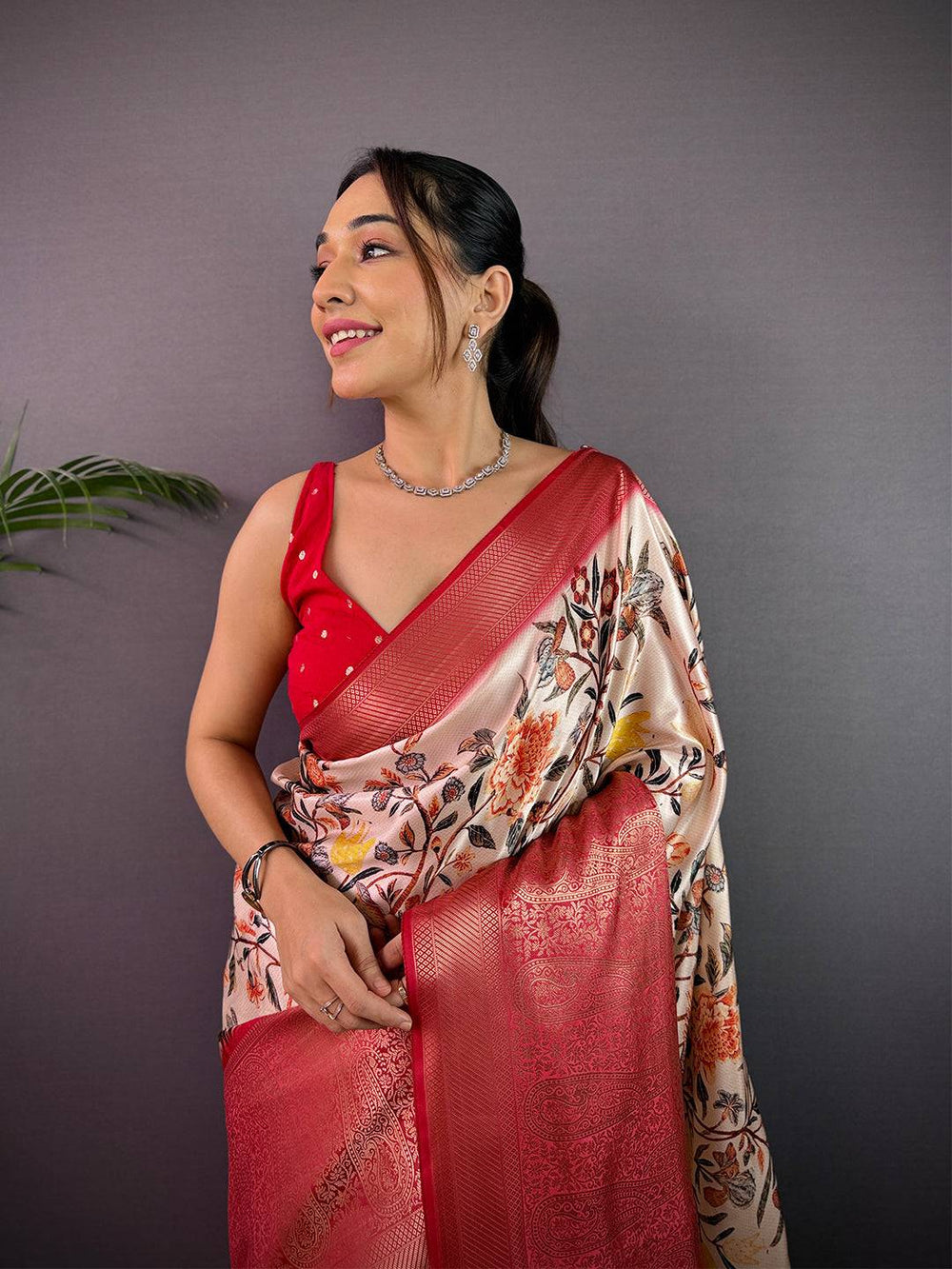 Ivory Cherry Satin Kalamkari Saree