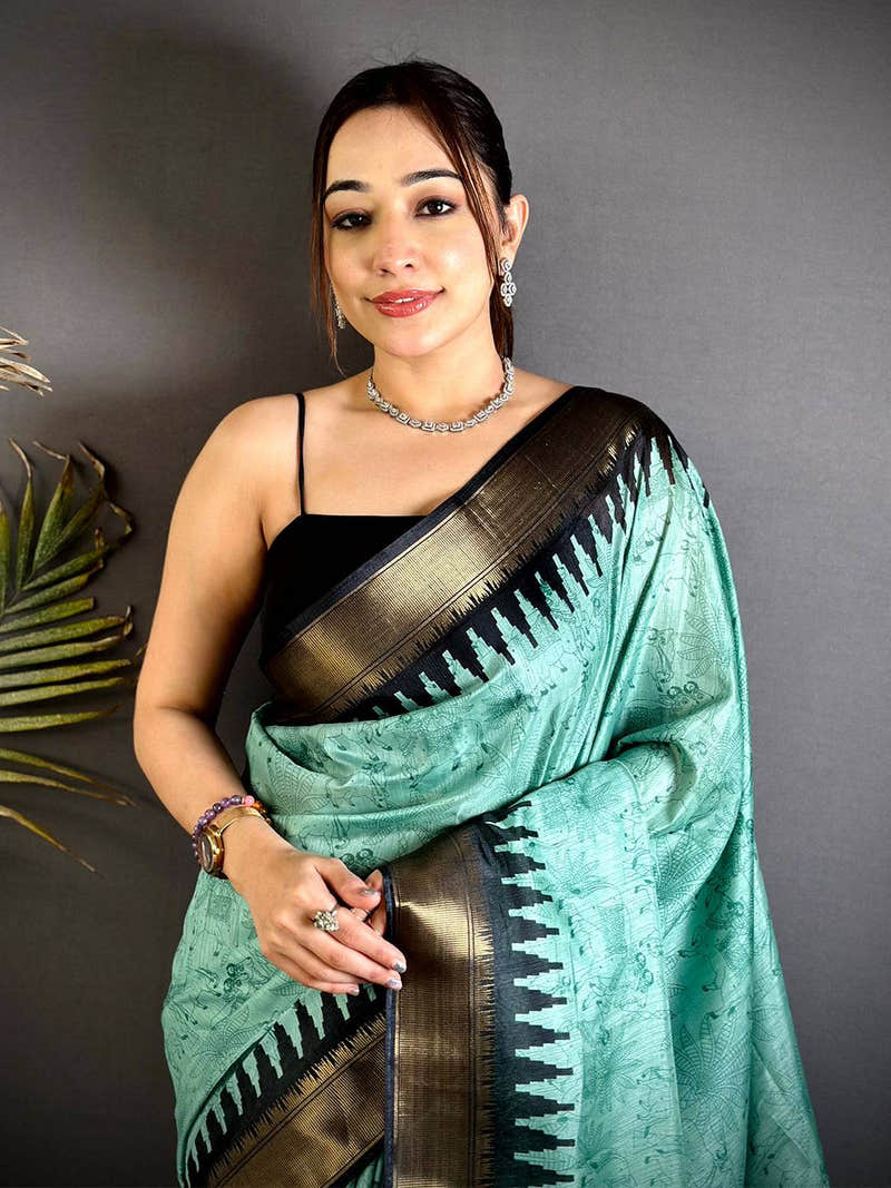Sea Green Dola Silk Kalamkari Print Saree with Zari Temple Border
