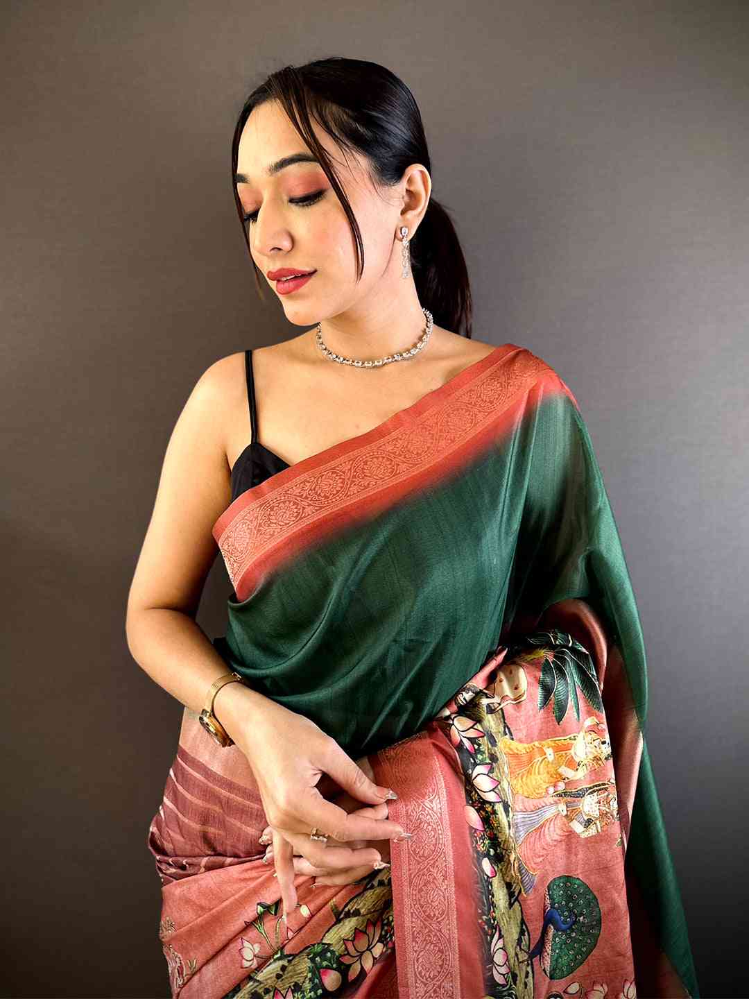 Green Soft Silk Placement Digital Print Saree