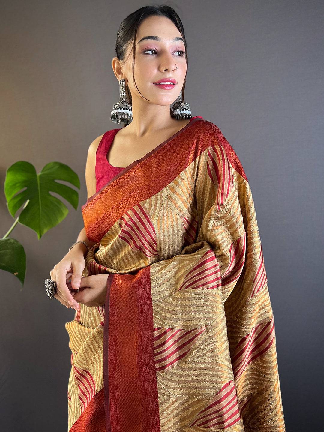 Tan Brown Tussar Silk Zari Weaving Ikkat Saree

