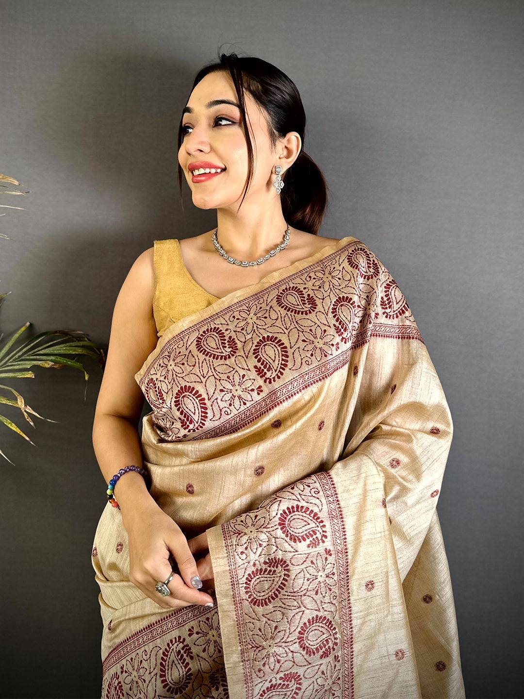Maroon Floral Katha Ghicha Silk Saree