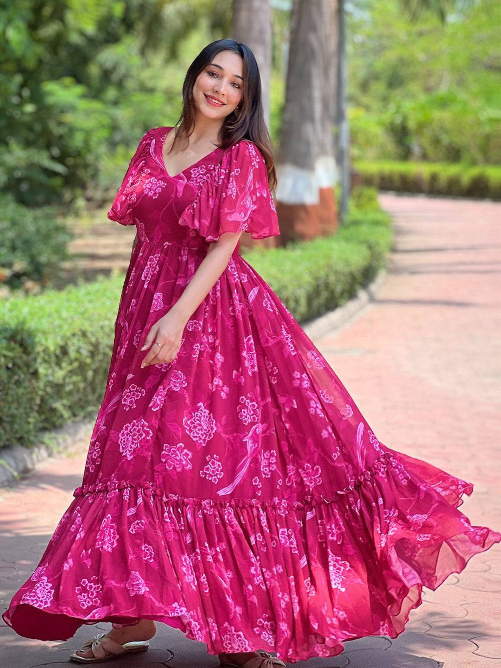 Flowing Pink Peony V-neck Dress with ruffled sleeves