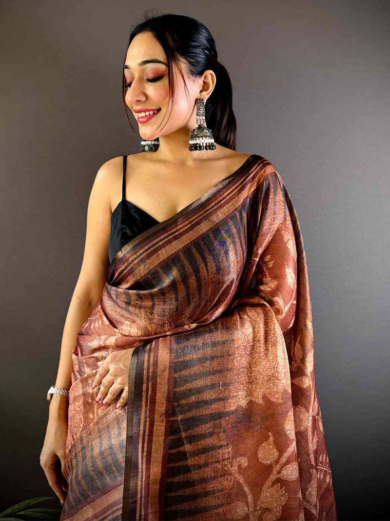 Coffee Brown Floral Stripes Tissue Saree