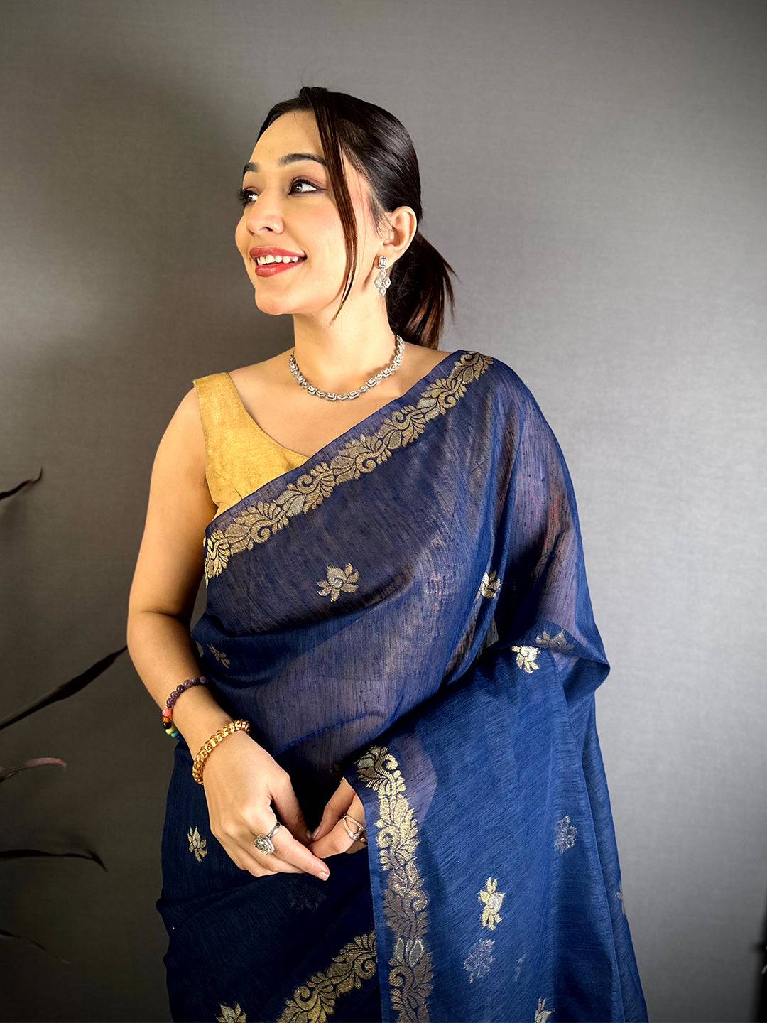Navy Sona Chandi Muga Cotton Saree


