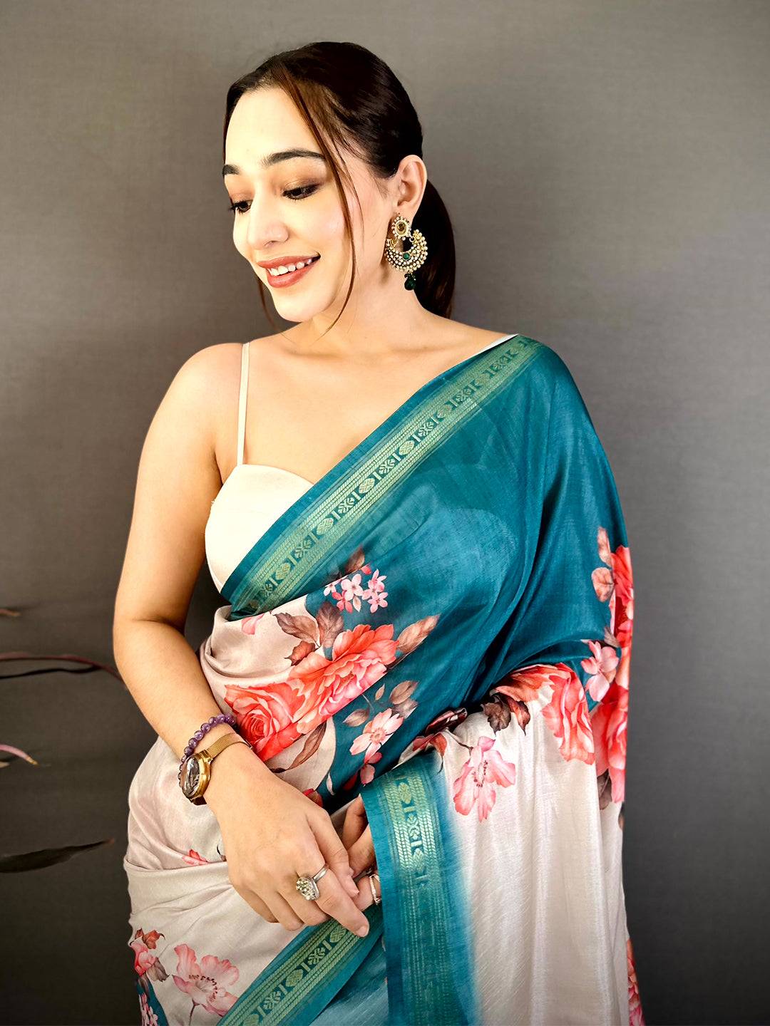 Rama Soft Silk Floral Lehriya Print Saree