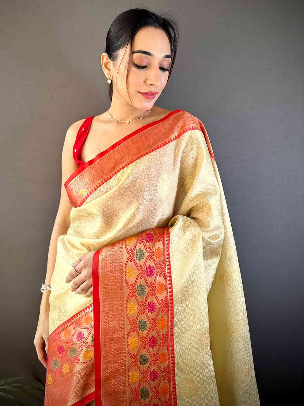 Cream Banarasi Silk Minakari Kanchi Border Saree
