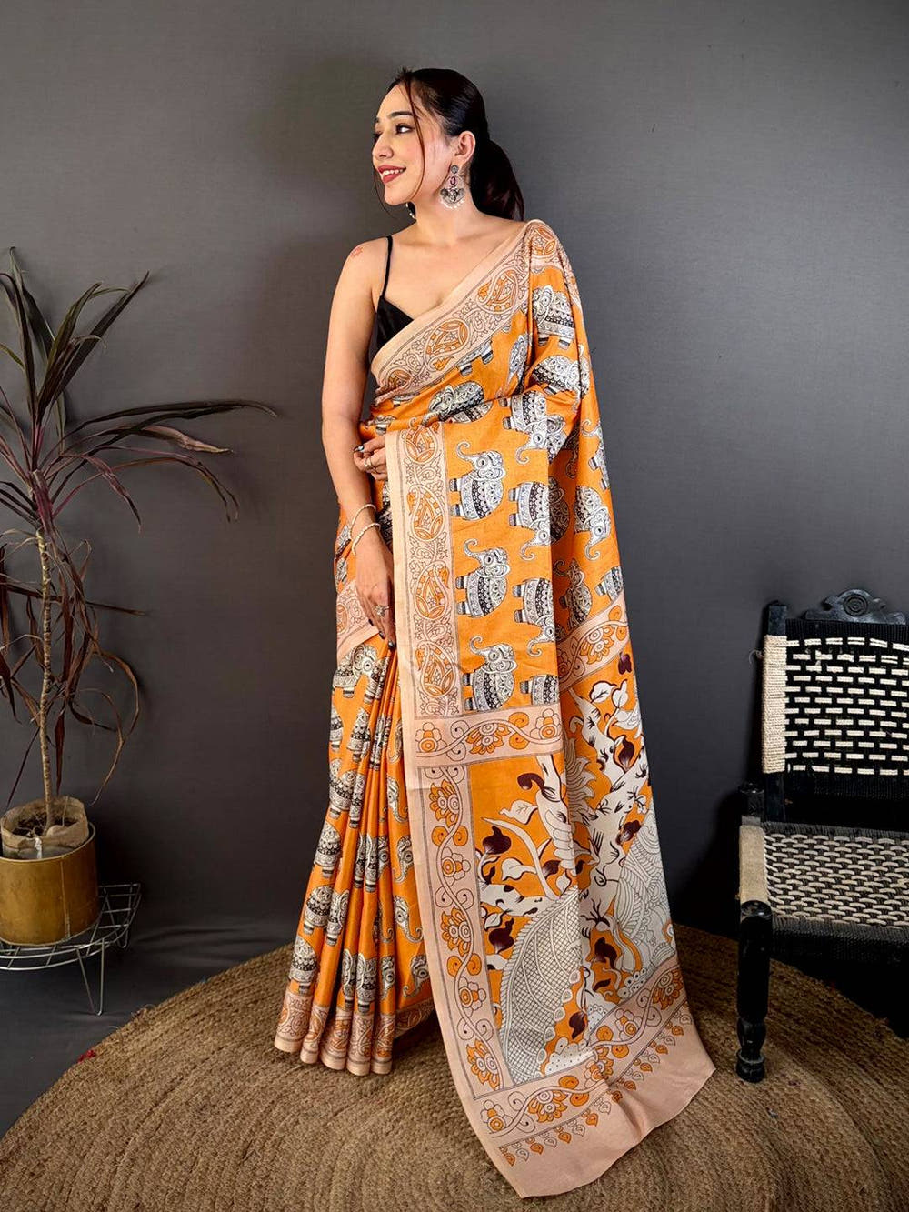 Artistic Ajrakh Style Tussar Kalamkari Saree