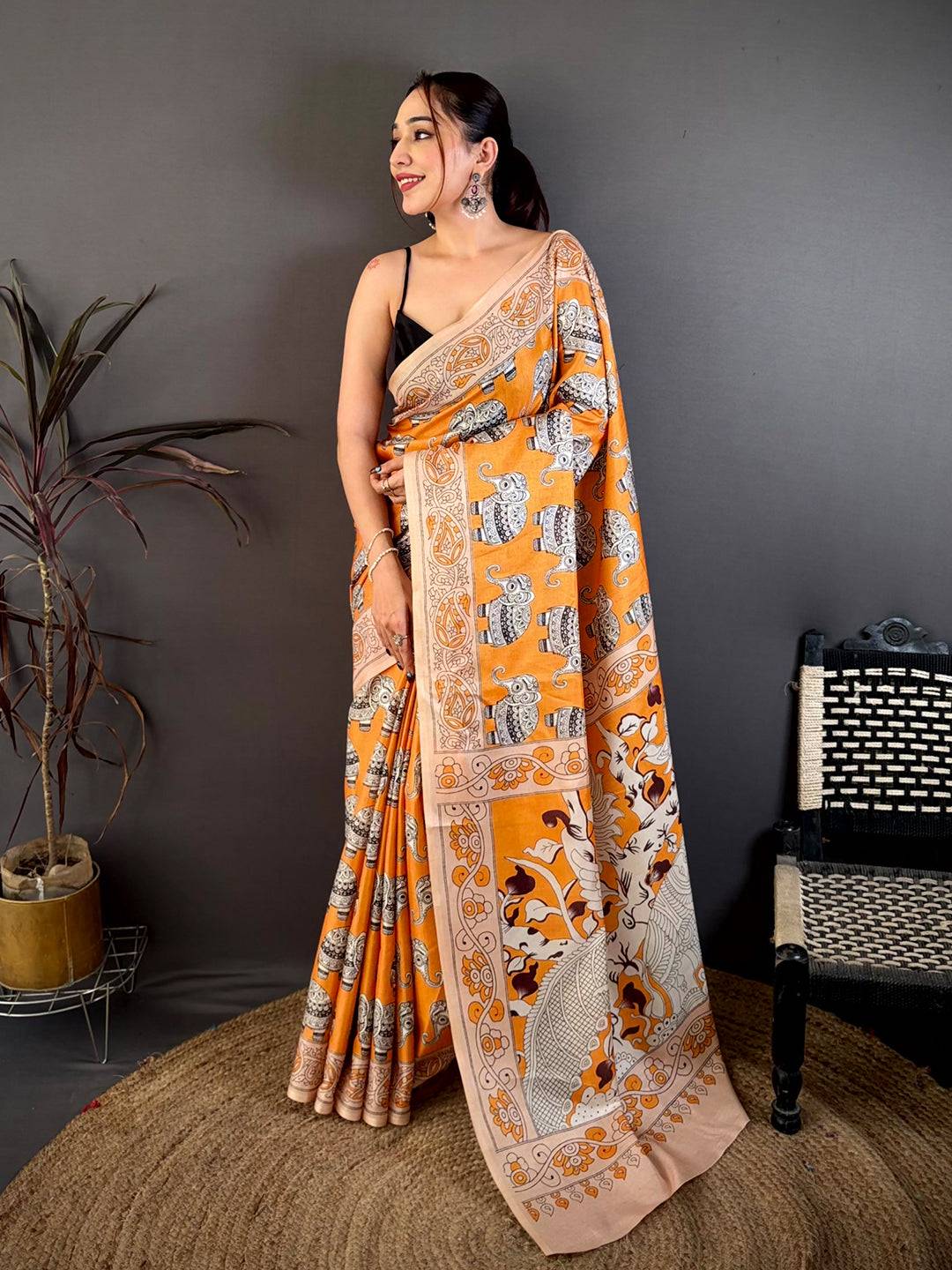 Artistic Ajrakh Style Tussar Kalamkari Saree
