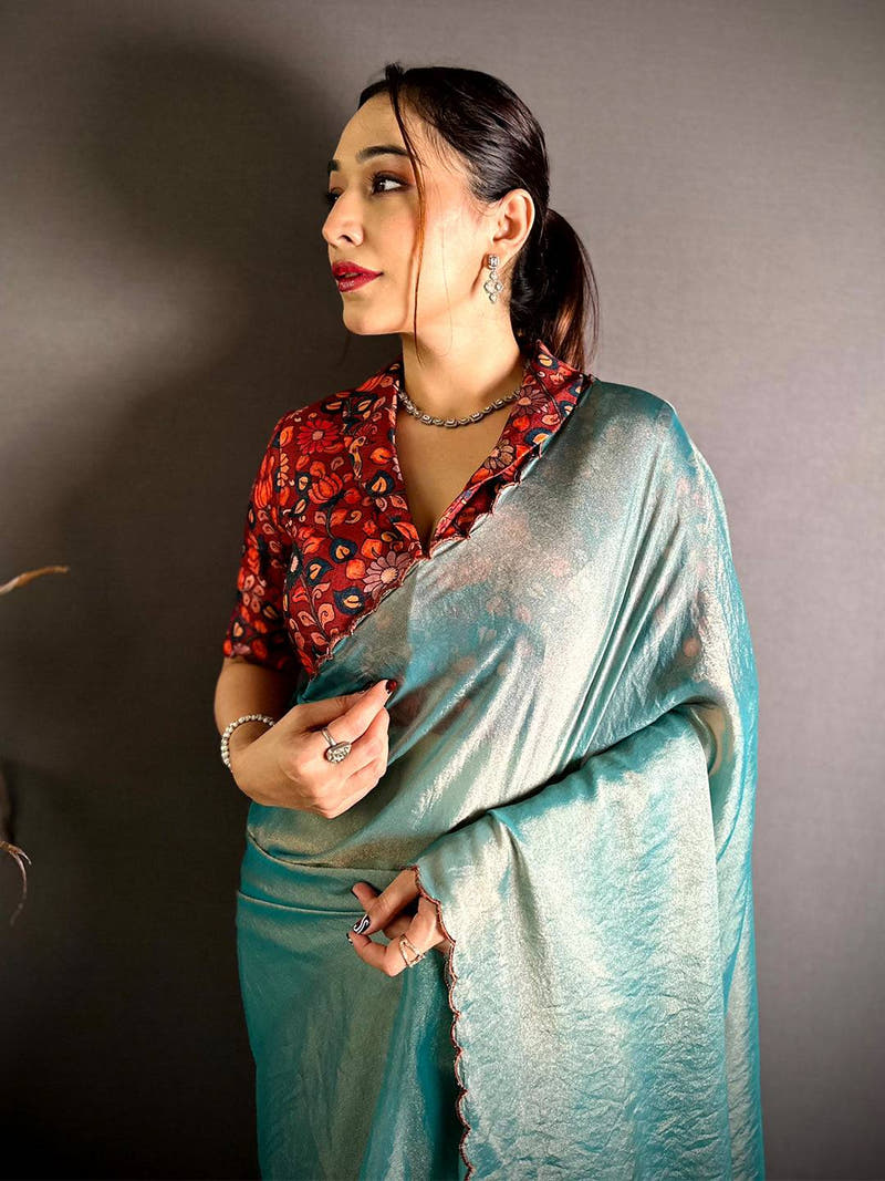 Vibrant Contrast Printed Blouse Silk Saree