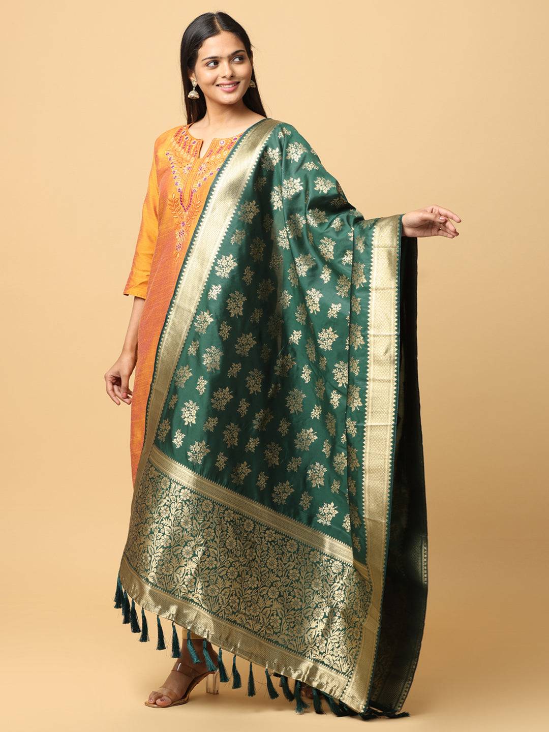 Full view of dark green silk blend dupatta