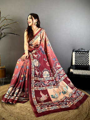 Stylish Tussar Floral Bird Print Saree