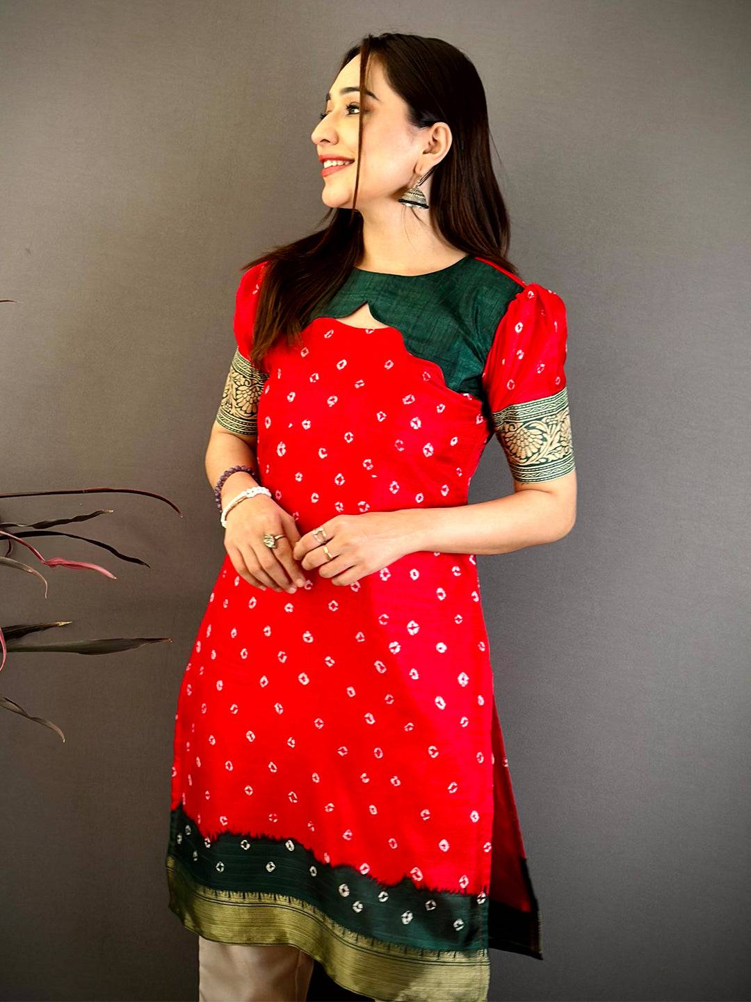 Red Soft Dola Silk Round Neck Kurti